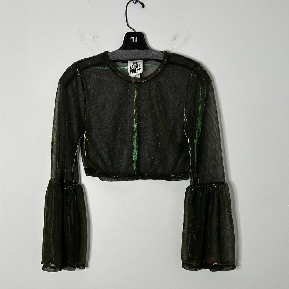 The Ragged Priest Green Shimmer Bell Sleeve Crop Top